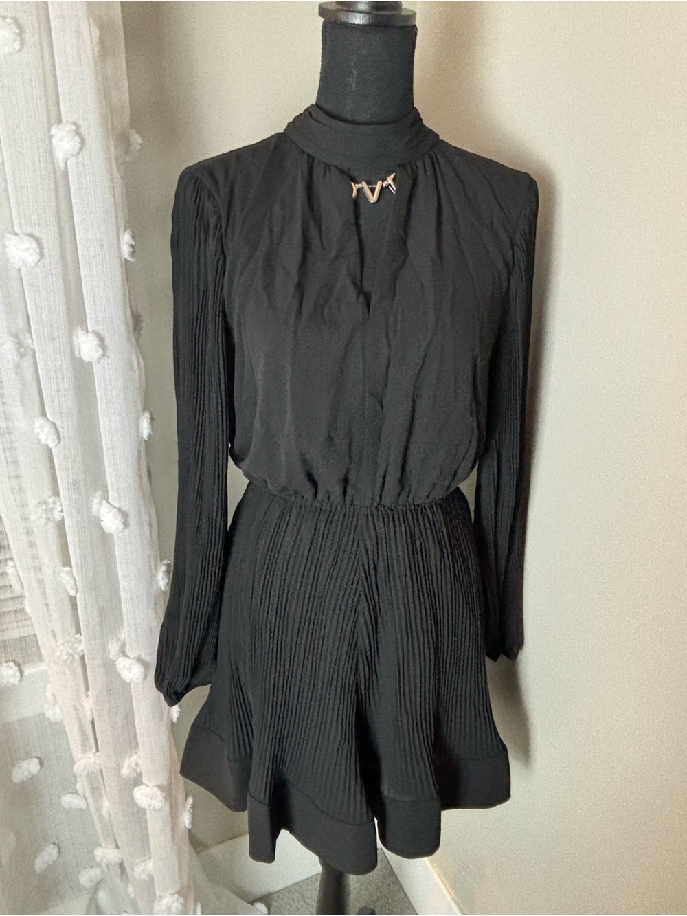 NEW Milly Black Long-Sleeve Pleated-Waist Dress Size 8